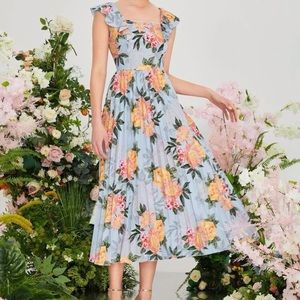 SHEIN Floral Print Ruffle Armhole Pleated Hem Dress